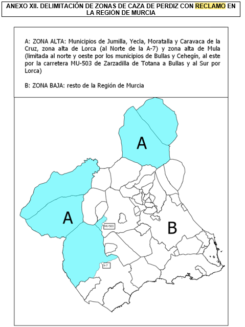Mapa de las zonas de caza de la Perdiz roja con reclamo macho.